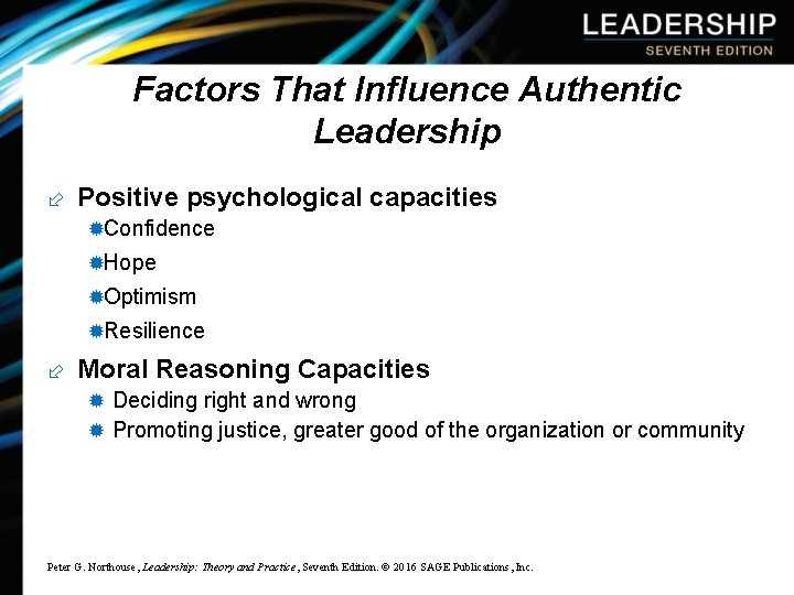 Factors That Influence Authentic Leadership ÷ Positive psychological capacities ®Confidence ®Hope ®Optimism ®Resilience ÷