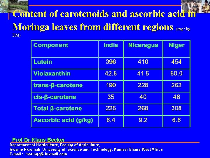 Content of carotenoids and ascorbic acid in Moringa leaves from different regions (mg /