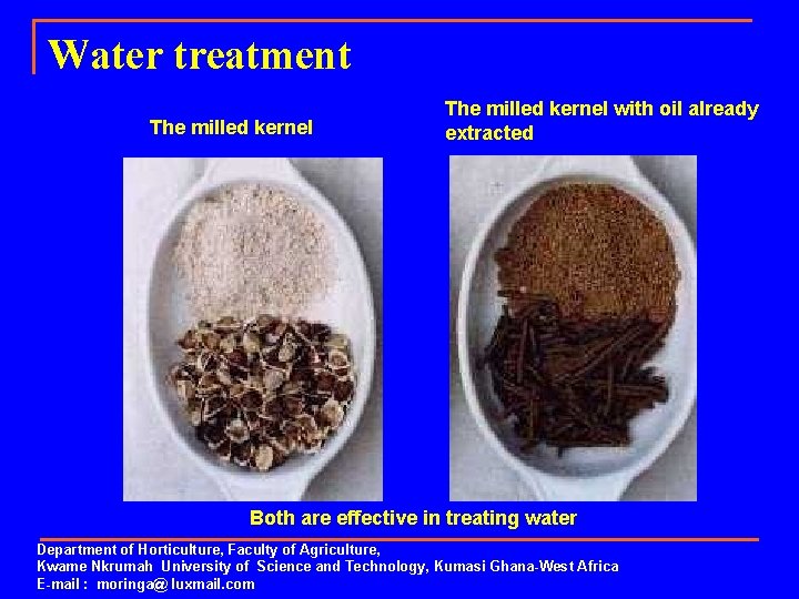 Water treatment The milled kernel with oil already extracted Both are effective in treating