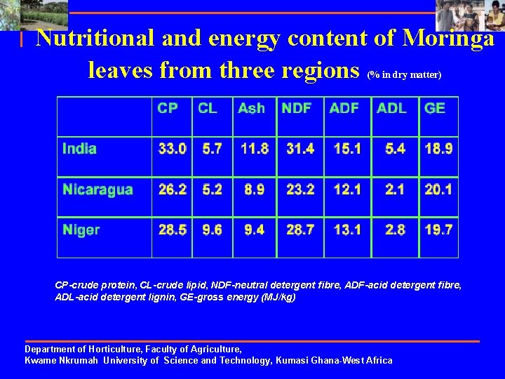 Nutritional and energy content of Moringa leaves from three regions (% in dry matter)