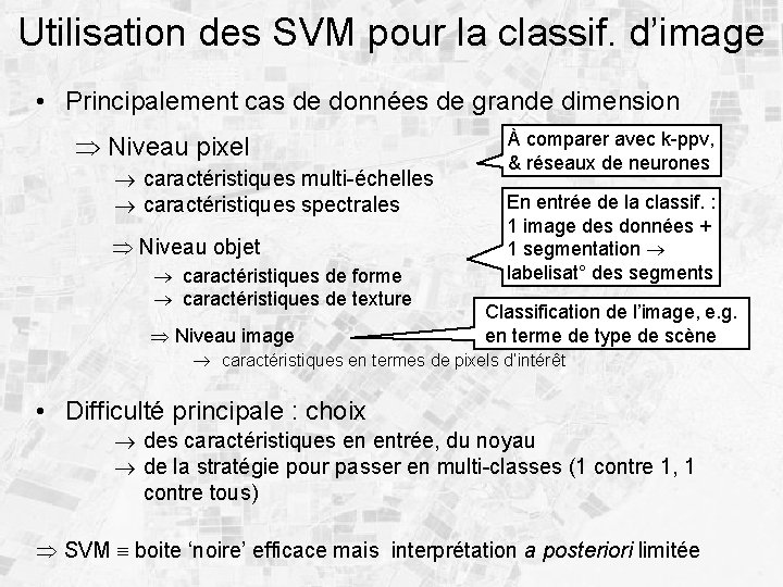 Utilisation des SVM pour la classif. d’image • Principalement cas de données de grande