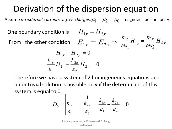 Derivation of the dispersion equation Assume no external currents or free charges, magnetic permeability.