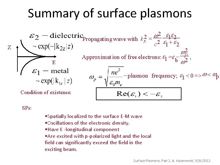 Summary of surface plasmons 2 ee w 2 Propagatin g wave with k x