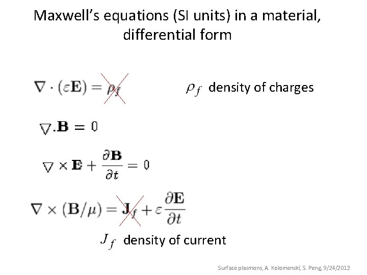 Maxwell’s equations (SI units) in a material, differential form density of charges density of