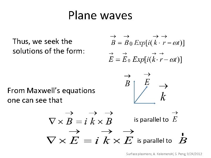 Plane waves Thus, we seek the solutions of the form: From Maxwell’s equations one
