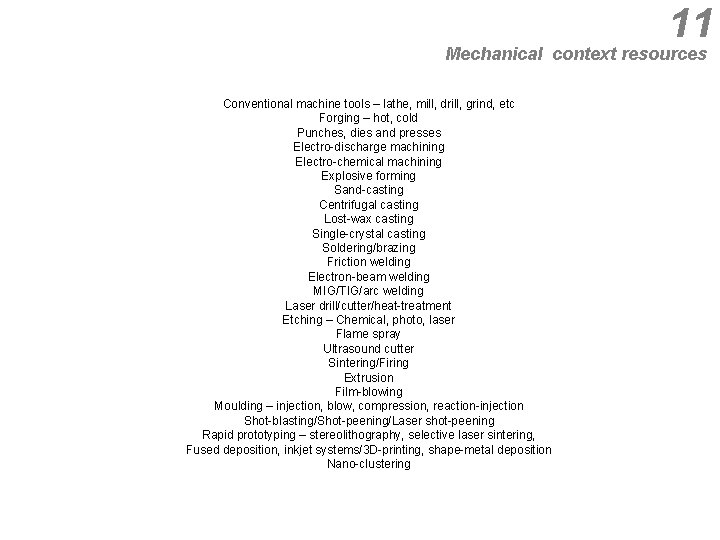 11 Mechanical context resources Conventional machine tools – lathe, mill, drill, grind, etc Forging