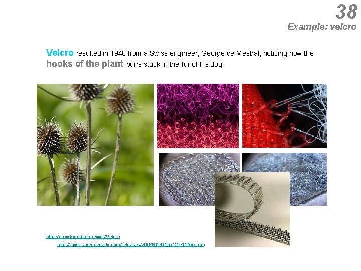 38 Example: velcro Velcro resulted in 1948 from a Swiss engineer, George de Mestral,