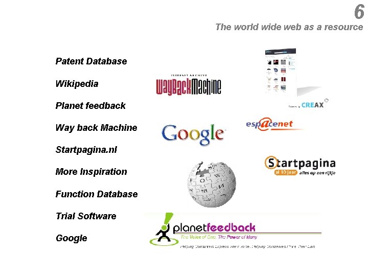 6 The world wide web as a resource Patent Database Wikipedia Planet feedback Way