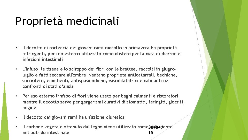 Proprietà medicinali • Il decotto di corteccia dei giovani rami raccolto in primavera ha