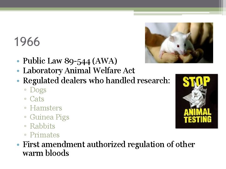 1966 • Public Law 89 -544 (AWA) • Laboratory Animal Welfare Act • Regulated