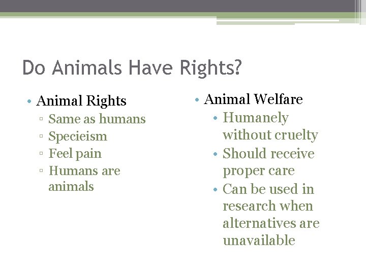 Do Animals Have Rights? • Animal Rights ▫ ▫ Same as humans Specieism Feel