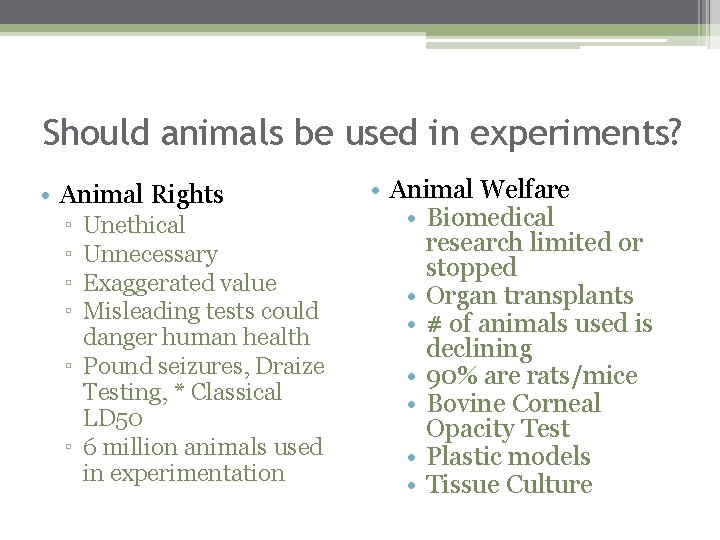 Should animals be used in experiments? • Animal Rights ▫ ▫ Unethical Unnecessary Exaggerated