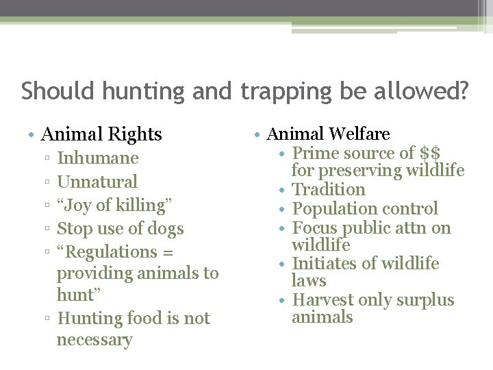 Should hunting and trapping be allowed? • Animal Rights ▫ ▫ ▫ Inhumane Unnatural