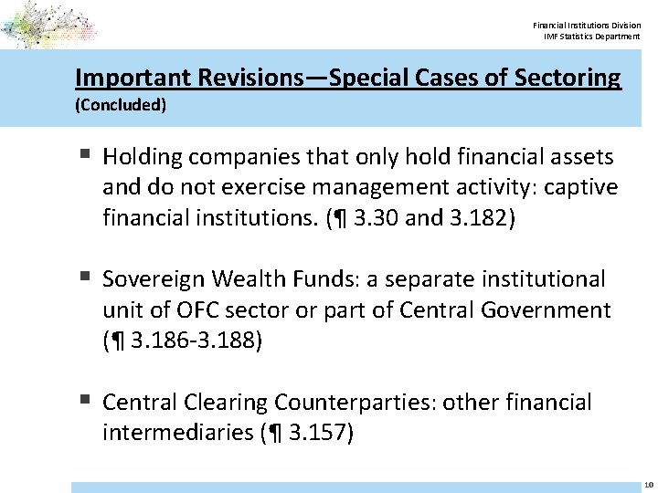 Financial Institutions Division IMF Statistics Department Important Revisions—Special Cases of Sectoring (Concluded) § Holding
