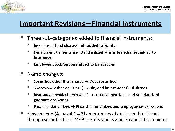 Financial Institutions Division IMF Statistics Department Important Revisions—Financial Instruments § Three sub-categories added to