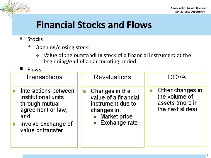 Financial Institutions Division IMF Statistics Department Financial Stocks and Flows § Stocks • §