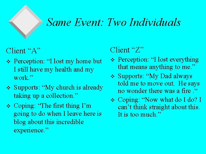 Same Event: Two Individuals Client “A” v v v Perception: “I lost my home