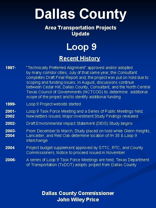 Dallas County Area Transportation Projects Update Loop 9 Recent History 1997 - “Technically Preferred