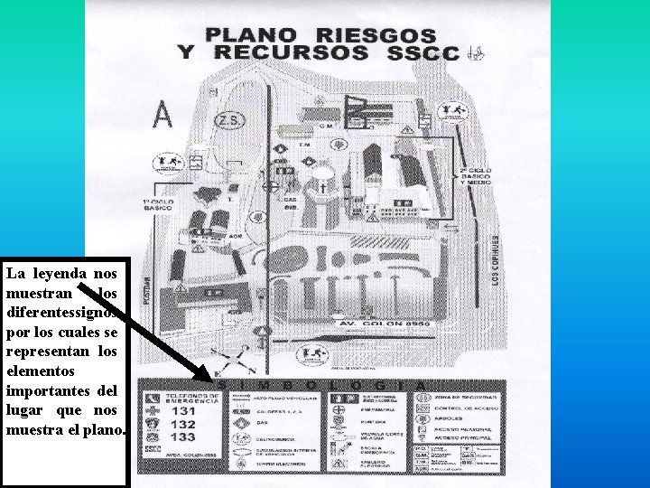 La leyenda nos muestran los diferentessignos por los cuales se representan los elementos importantes