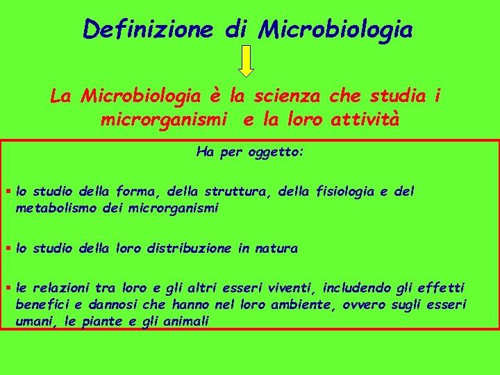 Definizione di Microbiologia La Microbiologia è la scienza che studia i microrganismi e la