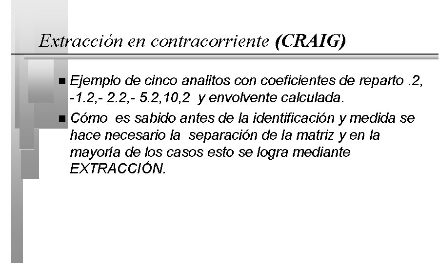 Extracción en contracorriente (CRAIG) Ejemplo de cinco analitos con coeficientes de reparto. 2, -1.