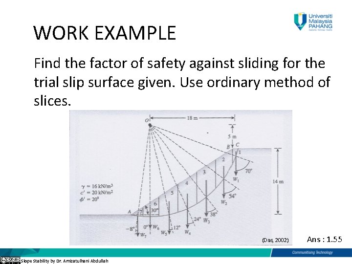  WORK EXAMPLE Find the factor of safety against sliding for the trial slip