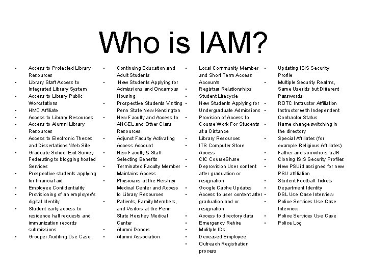 Who is IAM? • • • • Access to Protected Library Resources Library Staff