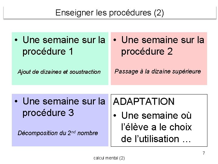 Enseigner les procédures (2) • Une semaine sur la procédure 1 procédure 2 Ajout