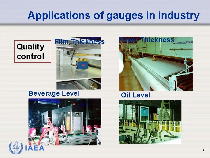 Applications of gauges in industry Quality control Film Thickness Beverage Level IAEA Paper Thickness