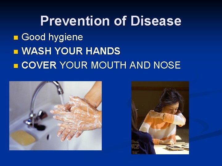 Prevention of Disease Good hygiene n WASH YOUR HANDS n COVER YOUR MOUTH AND