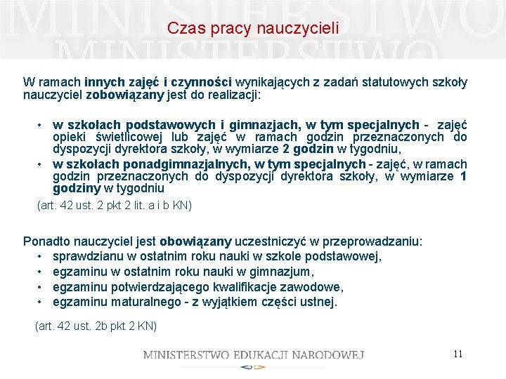 Czas pracy nauczycieli W ramach innych zajęć i czynności wynikających z zadań statutowych szkoły