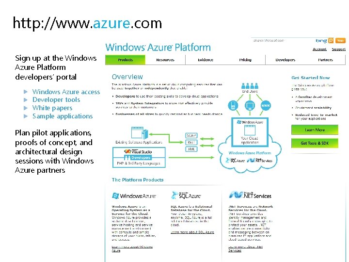 http: //www. azure. com Sign up at the Windows Azure Platform developers’ portal Windows