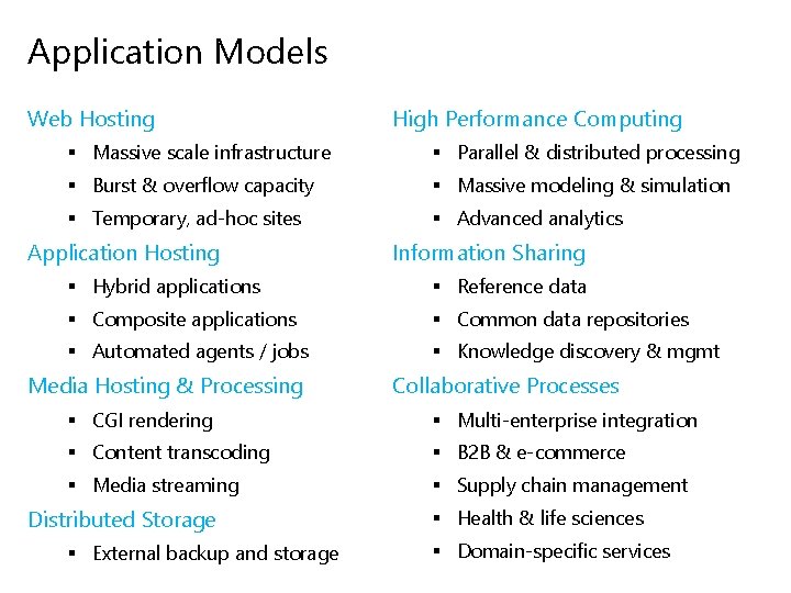 Application Models Web Hosting High Performance Computing § Massive scale infrastructure § Parallel &