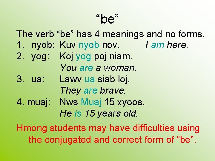 “be” The verb “be” has 4 meanings and no forms. 1. nyob: Kuv nyob “be” The verb “be” has 4 meanings and no forms. 1. nyob: Kuv nyob