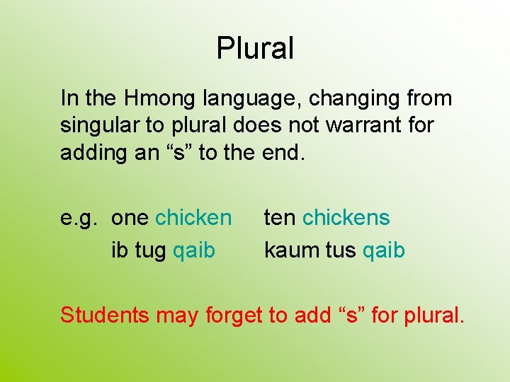 Plural In the Hmong language, changing from singular to plural does not warrant for Plural In the Hmong language, changing from singular to plural does not warrant for