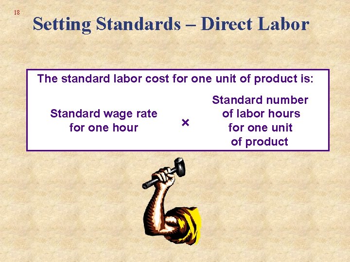 18 Setting Standards – Direct Labor The standard labor cost for one unit of