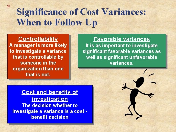 50 Significance of Cost Variances: When to Follow Up Controllability Favorable variances A manager