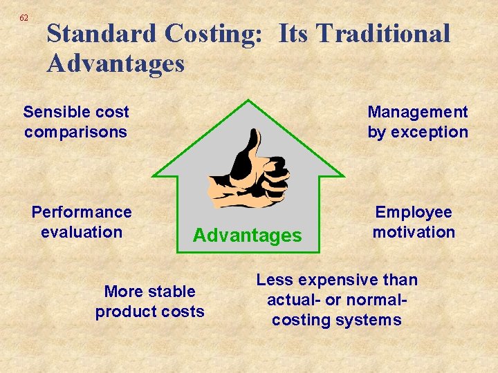 62 Standard Costing: Its Traditional Advantages Sensible cost comparisons Performance evaluation Management by exception