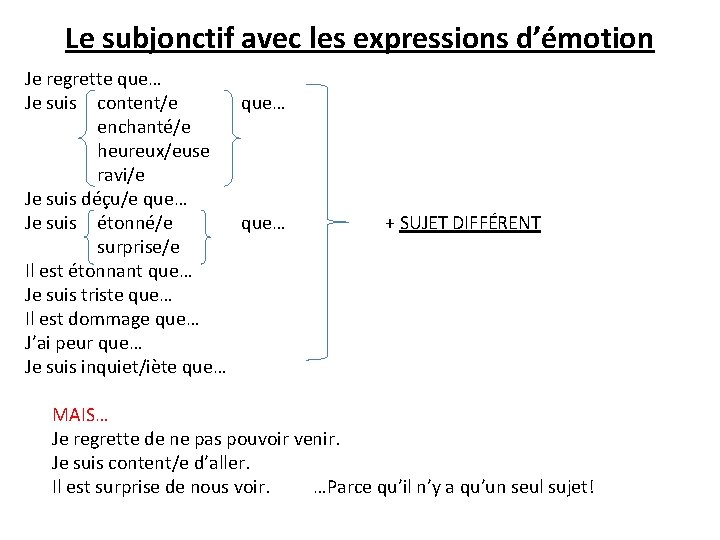 Le subjonctif avec les expressions d’émotion Je regrette que… Je suis content/e que… enchanté/e Le subjonctif avec les expressions d’émotion Je regrette que… Je suis content/e que… enchanté/e