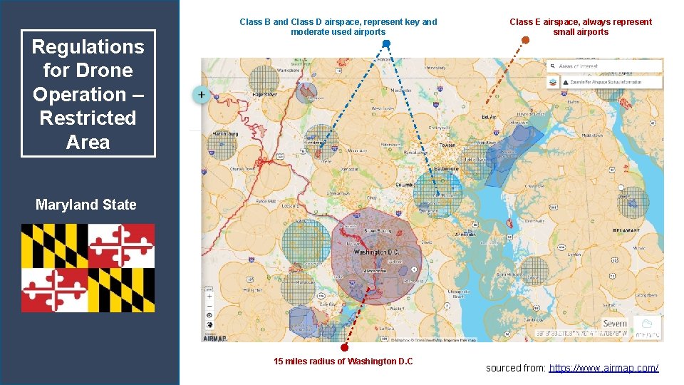 Regulations for Drone Operation – Restricted Area Class B and Class D airspace, represent