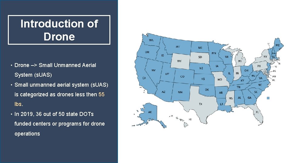 Introduction of Drone • Drone –> Small Unmanned Aerial System (s. UAS) • Small