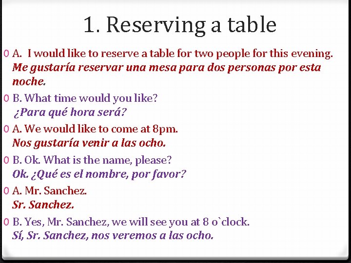 1. Reserving a table 0 A. I would like to reserve a table for