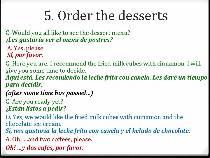 5. Order the desserts C. Would you all like to see the dessert menu?