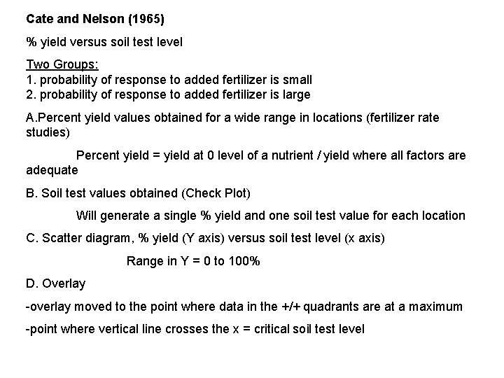 Cate and Nelson (1965) % yield versus soil test level Two Groups: 1. probability Cate and Nelson (1965) % yield versus soil test level Two Groups: 1. probability