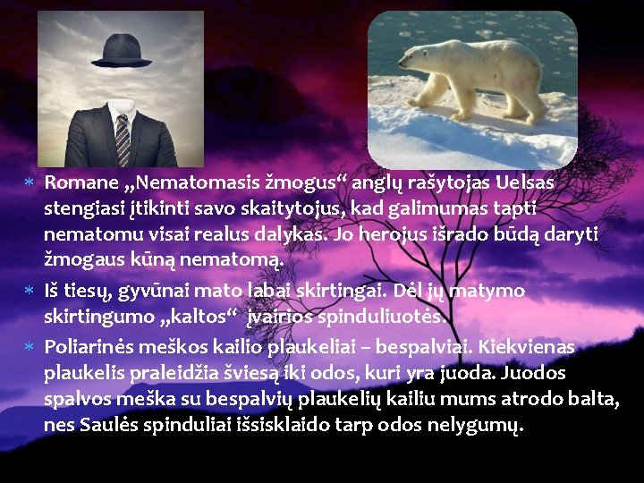  Romane „Nematomasis žmogus“ anglų rašytojas Uelsas stengiasi įtikinti savo skaitytojus, kad galimumas tapti