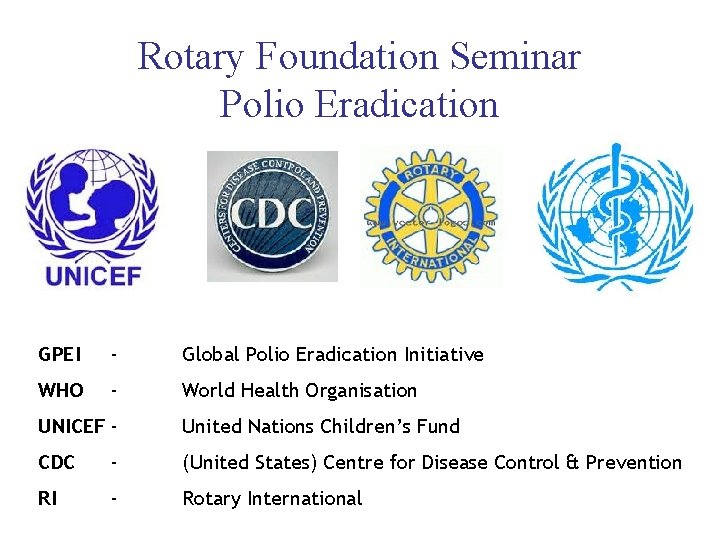 Rotary Foundation Seminar Polio Eradication GPEI - Global Polio Eradication Initiative WHO - World