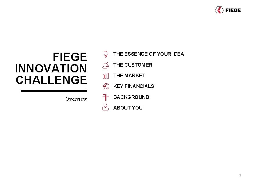 FIEGE INNOVATION CHALLENGE Overview THE ESSENCE OF YOUR IDEA THE CUSTOMER THE MARKET KEY FIEGE INNOVATION CHALLENGE Overview THE ESSENCE OF YOUR IDEA THE CUSTOMER THE MARKET KEY