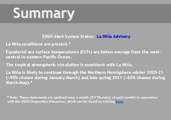 Summary ENSO Alert System Status: La Niña Advisory La Niña conditions are present. *