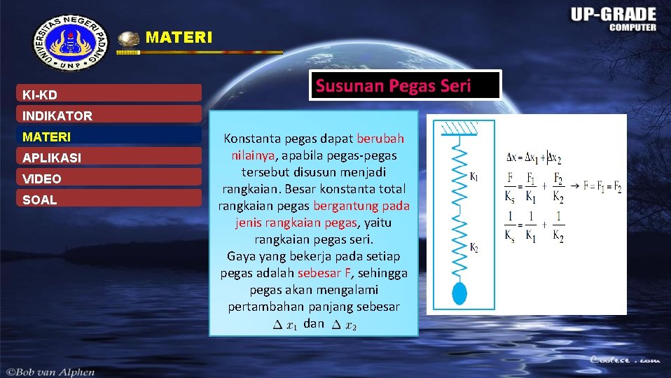 MATERI KI-KD Susunan Pegas Seri INDIKATOR MATERI APLIKASI VIDEO SOAL Konstanta pegas dapat berubah