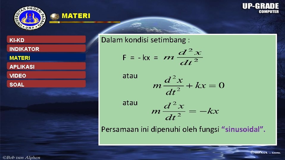 MATERI KI-KD Dalam kondisi setimbang : INDIKATOR MATERI F = - kx = APLIKASI